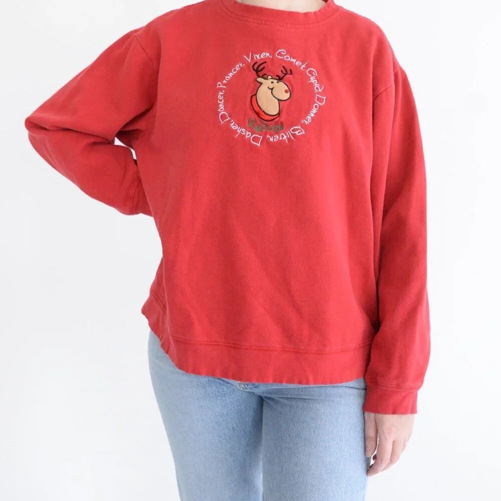 Vintage Red Reindeer Rudolph 3D Embroidered Christmas Holiday Sweater XL